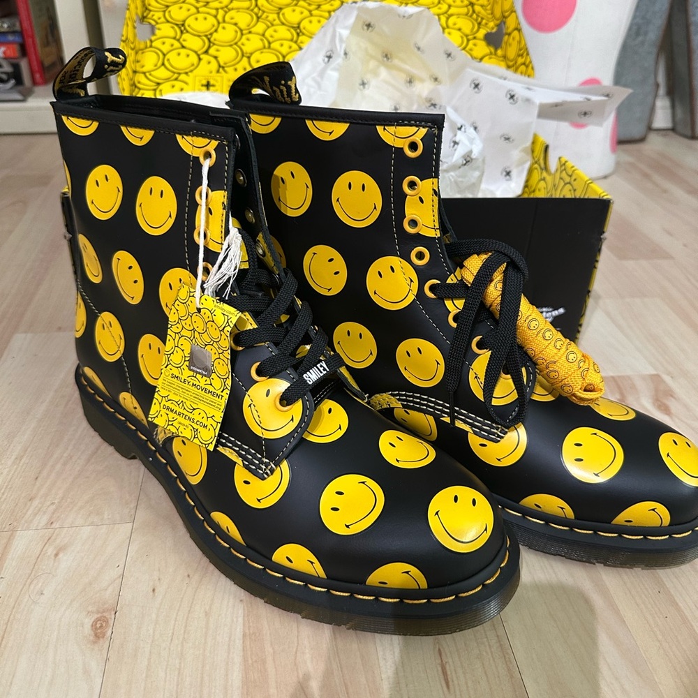 Dr. Martens Black Boots with Yellow Smiley Faces